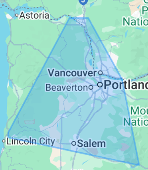 InformationR.us service area map covering 250 miles from Beaverton OR 97005 — including Portland, Salem, Eugene, Bend, Seattle, Tacoma, Vancouver WA, and surrounding Pacific Northwest cities